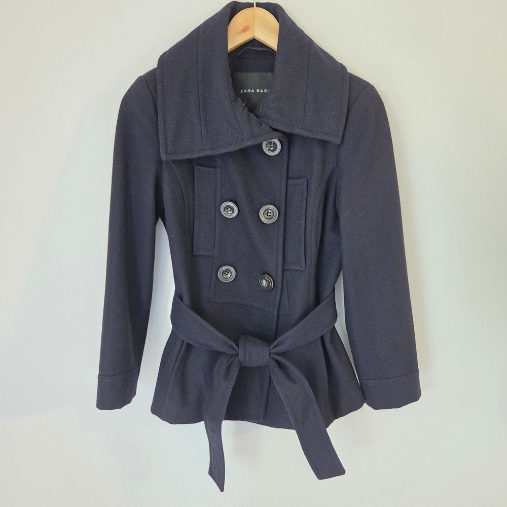 Zara Basic Womens Navy Blue Wool Blend Double Breasted Belted Peacoat Size S